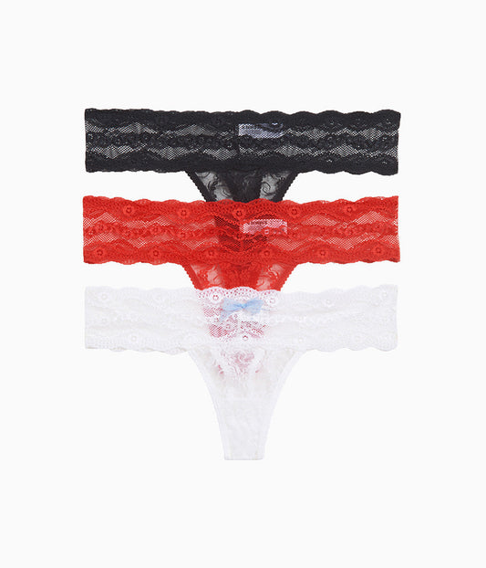 Wacoal Lace Kiss Thong Panty Pack - White/Crimson Red/Night
